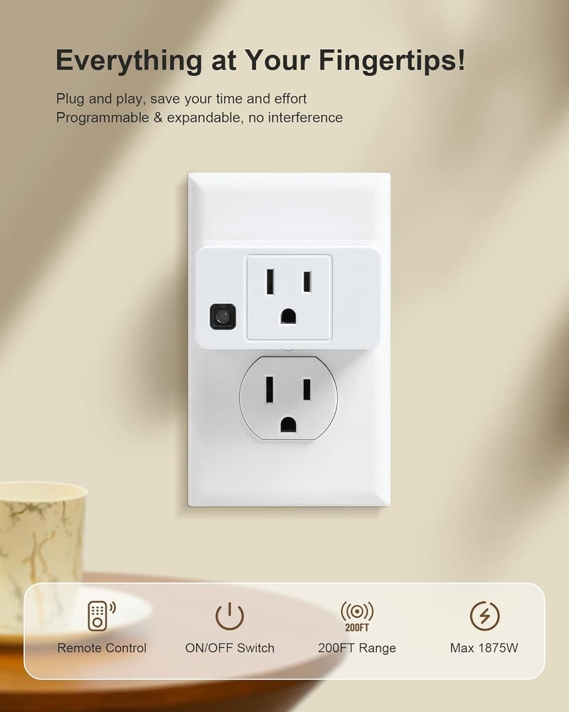 treewell Wireless Remote Control Outlet, 200FT Long Range Remote Light Switch, Mini Remote Outlet Plug, 15A/1875W High-Power for Lamps, Lights, Household Appliances, FCC & ETL Listed (5 Outlets + 2 Remotes) - Image 2